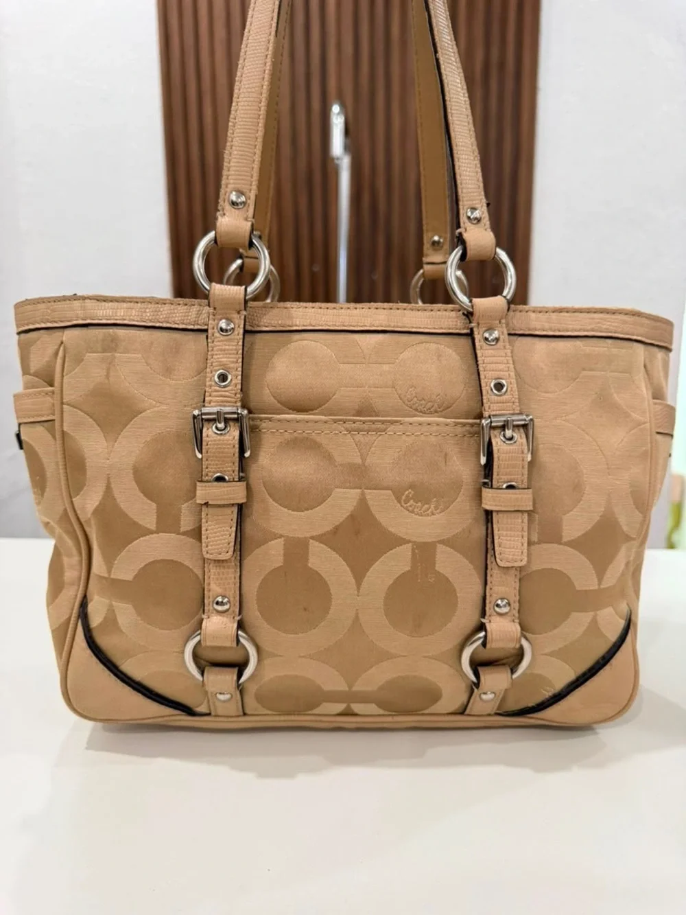 Coach Chelsea Y2K Canvas Leather OP Art Nuetral Tan Tote Shoulder Bag Purse